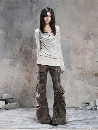 Pleated Accents Stylish Slim-Fit Long Flared Pants【s0000014130】