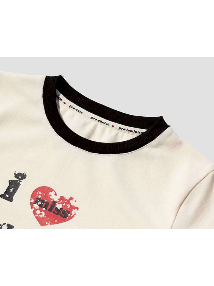 Mottled Heart Offset Print Colour Block Short T-Shirt【s0000009283】