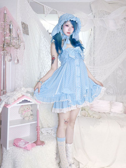 Polka dot strapless dress/chiffon bow jacket【s0000012689】