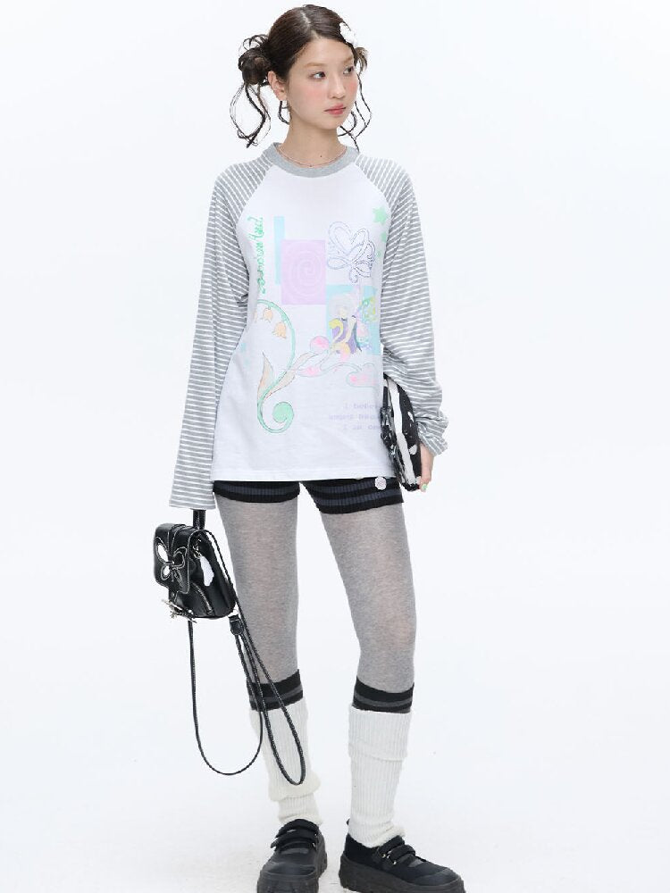 Loose Print Striped Raglan Top【s0000016378】