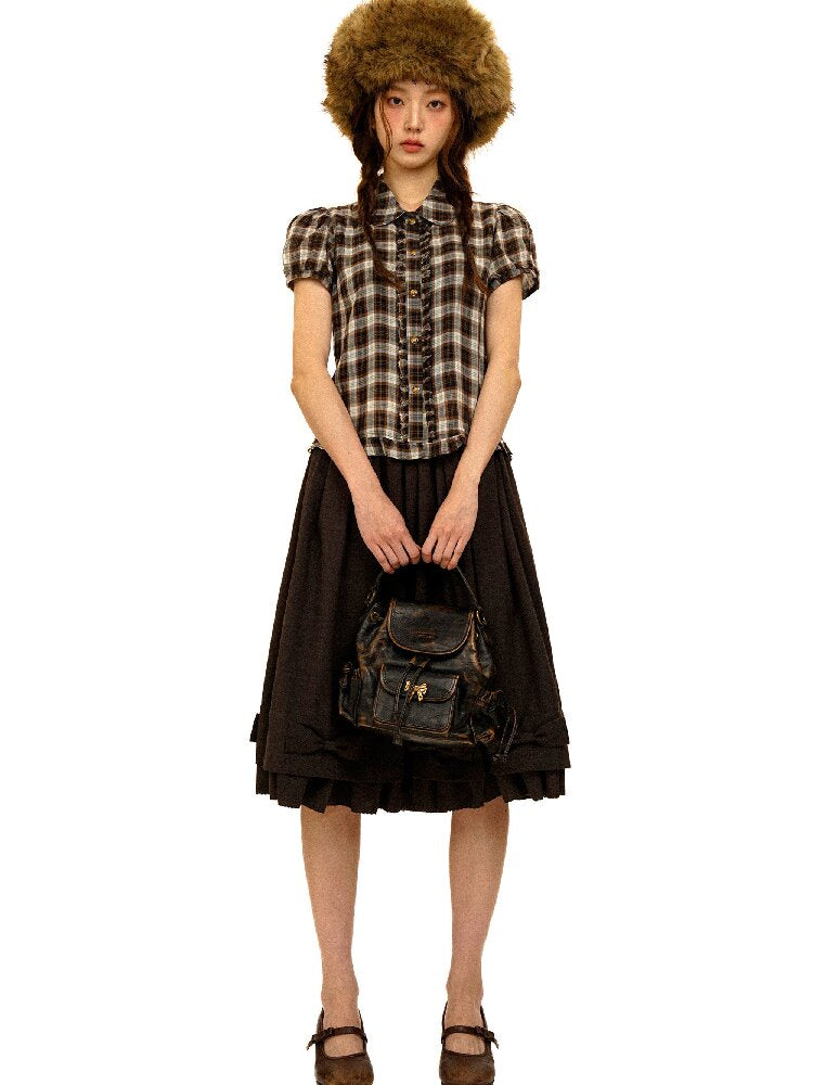 Color Block Plaid Shirt Mini Skirt【s0000017906】