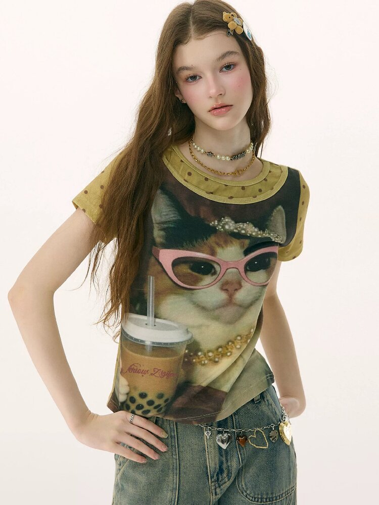 Retro Vintage Cat Print T-Shirt【s0000016855】