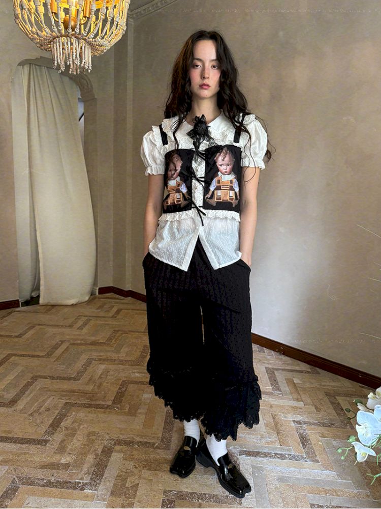 Cute doll print lace bow vest【s0000012760】