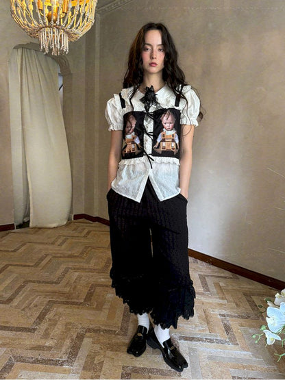 Cute doll print lace bow vest【s0000012760】