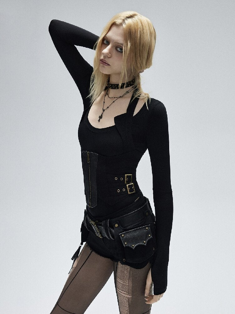 Black Split Leather Paneled Vest【s0000016248】