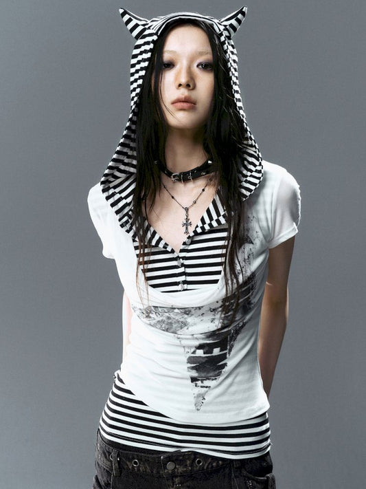 Swing Neck Striped Short Sleeve T-Shirt【s0000012807】