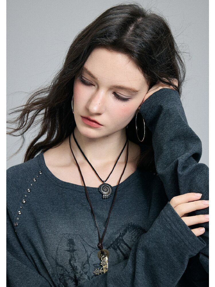 Washed Printed Rivet Knitted Top【s0000016261】