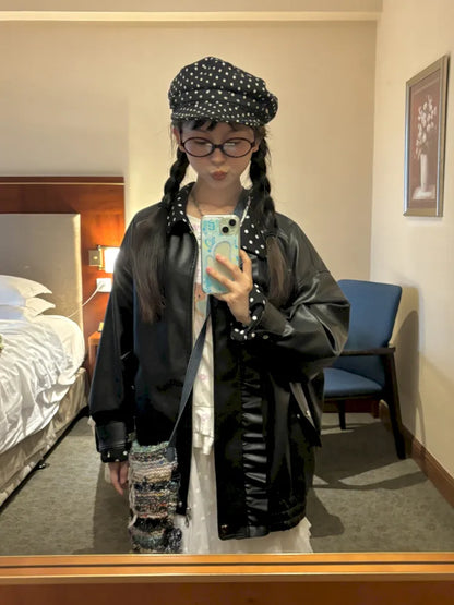 Lace-Trimmed Oversized Leather Jacket【s0000014167】