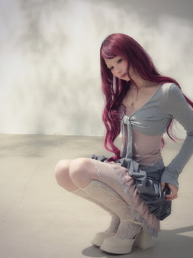 Gray Pink Patchwork Bow Strap Set【s0000019257】