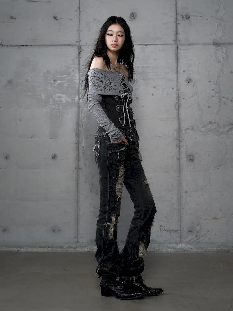 Rhinestone Off-Shoulder Long-Sleeve T-Shirt【s0000014118】