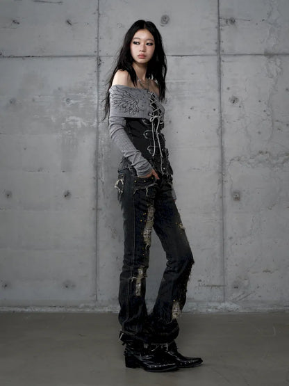 Rhinestone Off-Shoulder Long-Sleeve T-Shirt【s0000014118】