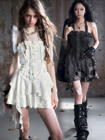 Patchwork Lattice Waisted Dress【s0000013889】