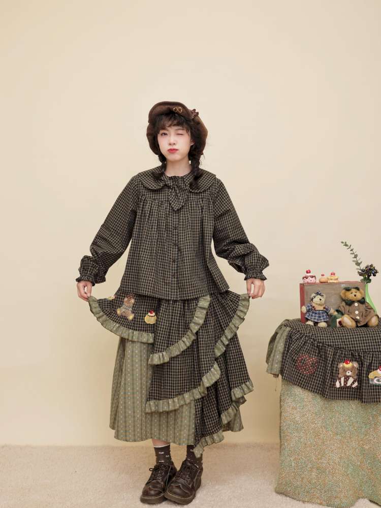 Vintage Girly Dark Green Plaid Shirt【s0000014842】