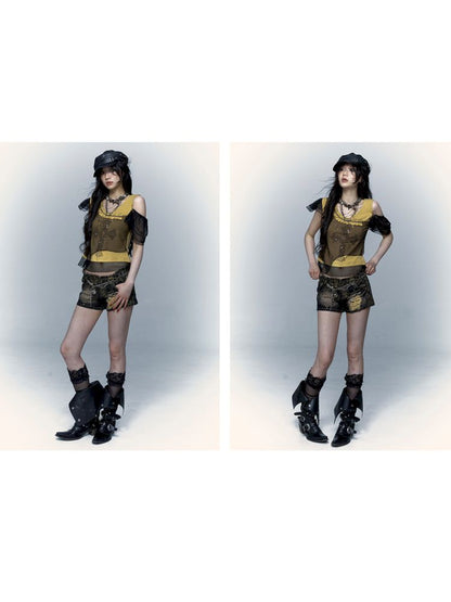 Asymmetric Spliced Mesh Rhinestone Printed Short Sleeve T-Shirt【s0000009002】