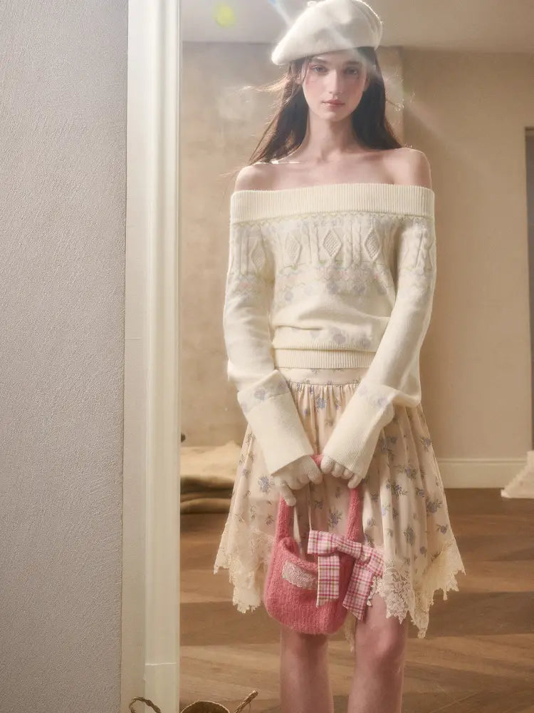 Fresh and Soft Cotton Sweater, Scarf, Floral Skirt【s0000014323】