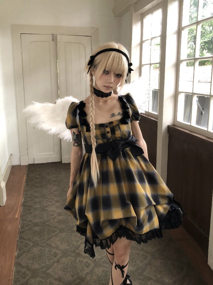 Plaid Puff Sleeve Lantern Dress【s0000016892】