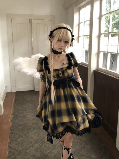 Plaid Puff Sleeve Lantern Dress【s0000016892】