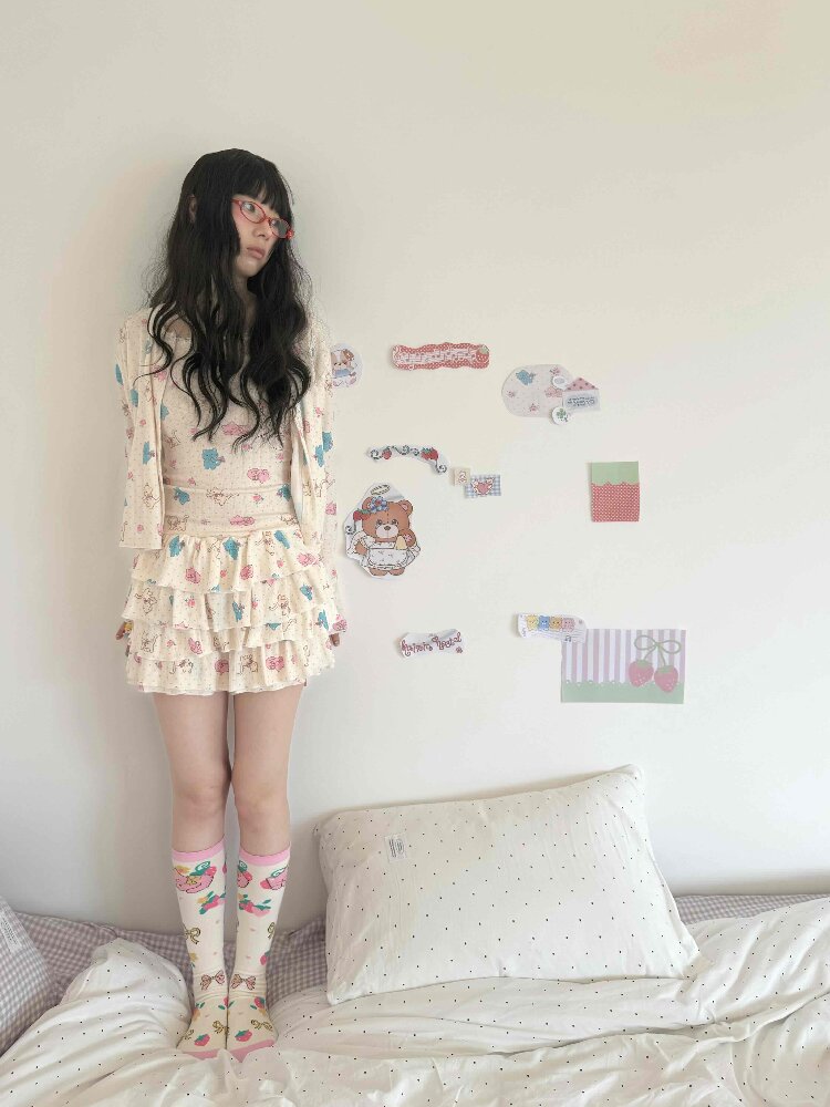 Cat Rose Print Cardigan Camisole Set【s0000017509】