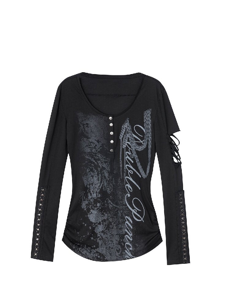 Long Sleeved Ripped Punk Print Tee【s0000015912】