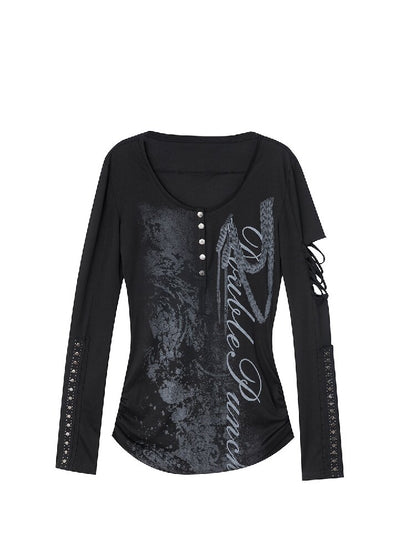Long Sleeved Ripped Punk Print Tee【s0000015912】