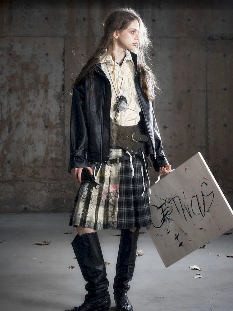 Drawstring Black-Gray Checkered Shir【s0000013959】