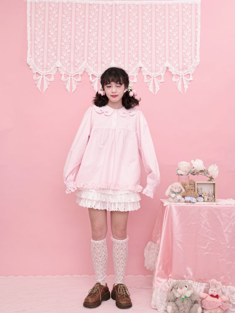 Doll Collar Zipper Neck Pink Lace Blouse【s0000013492】