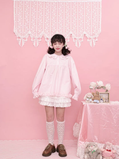 Doll Collar Zipper Neck Pink Lace Blouse【s0000013492】