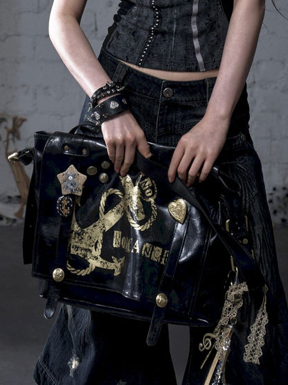 Gold foil print heavy-duty leather shoulder bag【s0000012778】