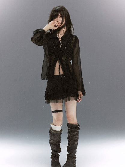 Sheer Chiffon Patchwork Lace Shirt【s0000017500】