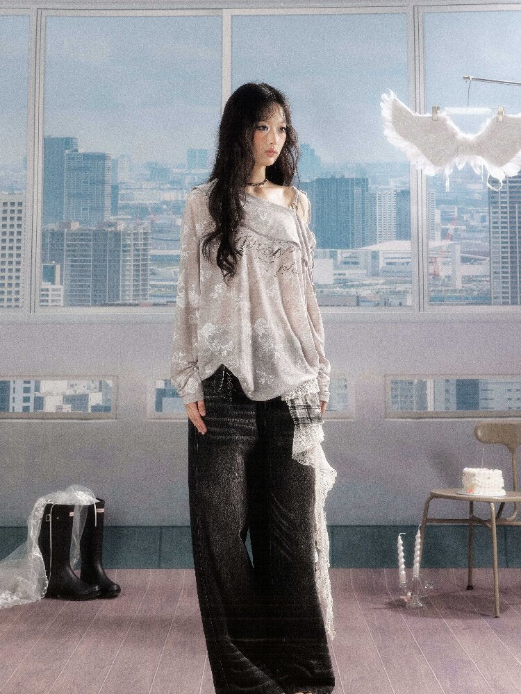 Plaid Ruffled Wide Leg Jeans【s0000016268】