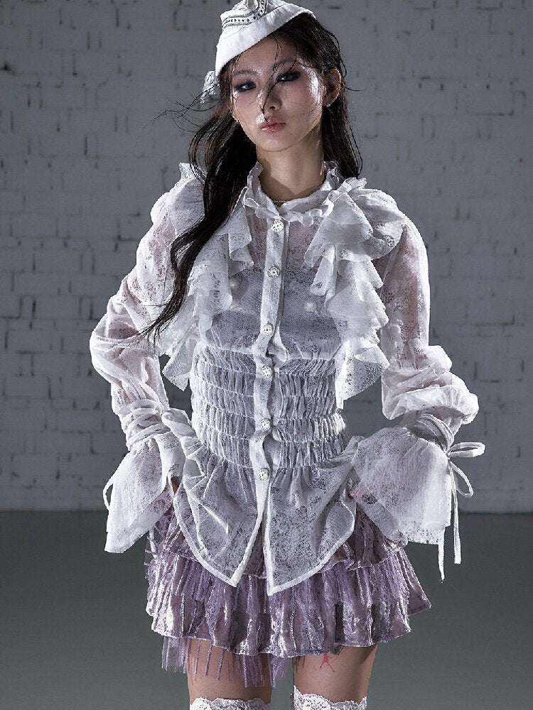 Ruffled Flocked Lace Stand Shirt【s0000016208】