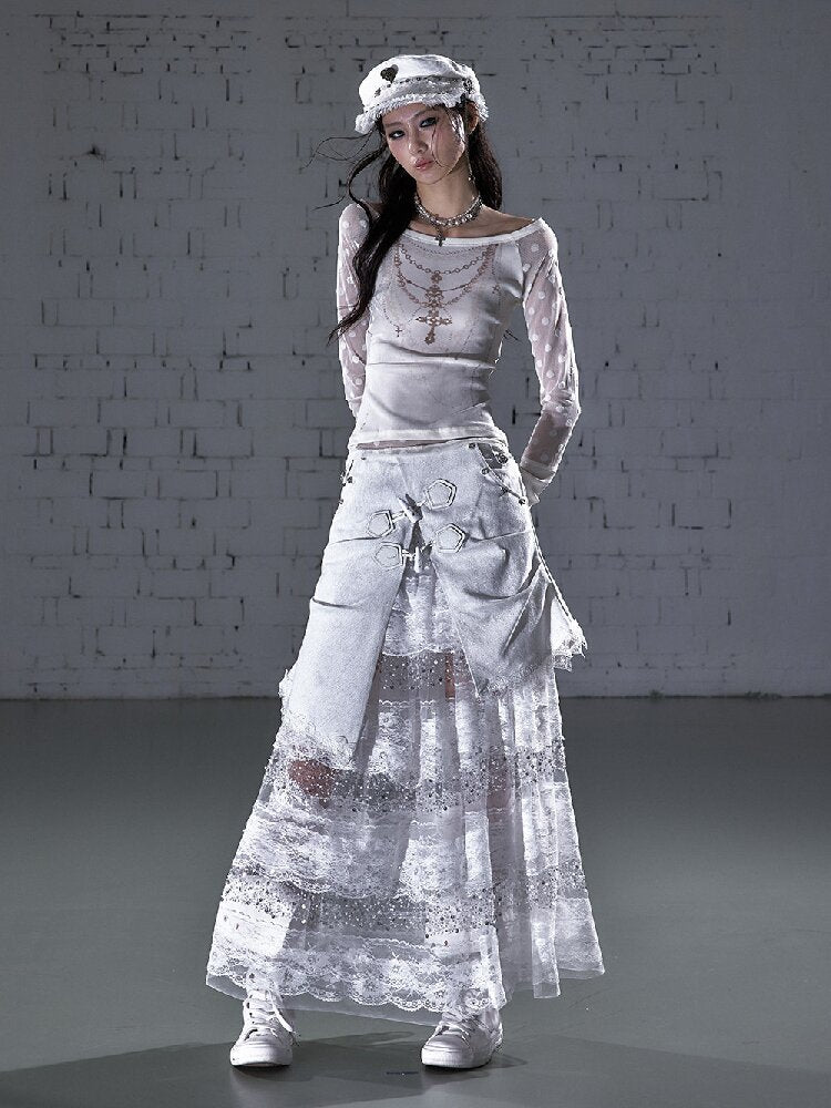 Stitched Lace Denim Maxi Skirt【s0000015940】
