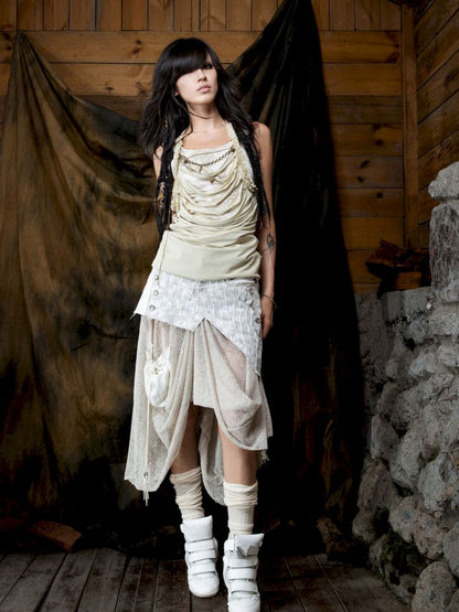 Patchwork Versatile Mesh Asymmetric Skirt【s0000013898】