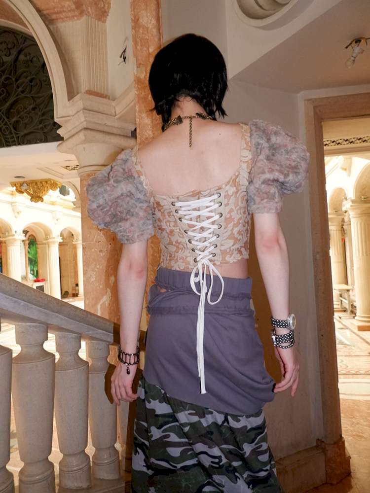 Patchwork Sheer Bud Strap Court Top【s0000015145】