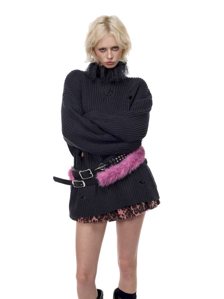 Black Metal Rock Rivet Wool Belt【s0000015131】