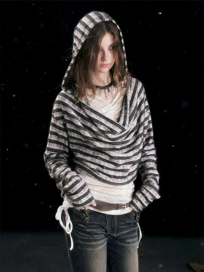 Striped Distressed Hooded Top【s0000014674】