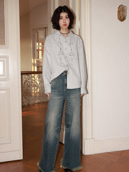 Suede Embroidered Lantern Sleeve Top【s0000015461】