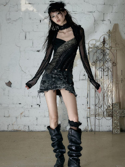 Sequin Webbing Mesh Long Sleeve Top【s0000016984】
