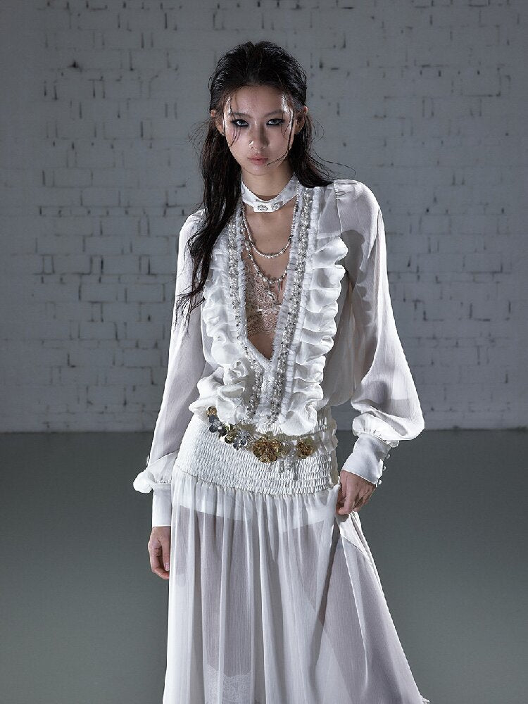 Shirring Deep V Chiffon Dress【s0000015932】