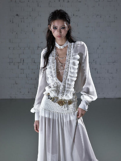 Shirring Deep V Chiffon Dress【s0000015932】
