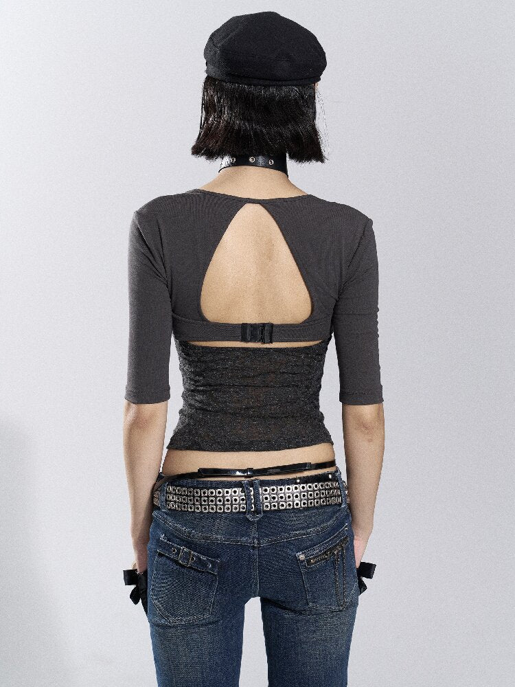Patchwork Lace Leather Button Top【s0000018478】