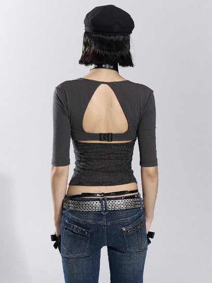 Patchwork Lace Leather Button Top【s0000018478】