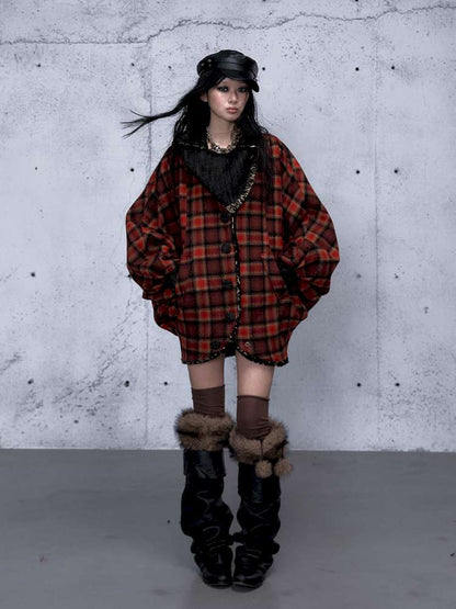 Punk Plaid Denim Bat Woolen Coat【s0000014929】