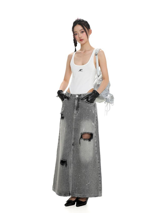 Multiple holes denim long skirt【s0000008678】