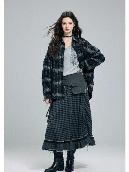 Plaid Strap Torn Long-Sleeved Shirt【s0000016258】