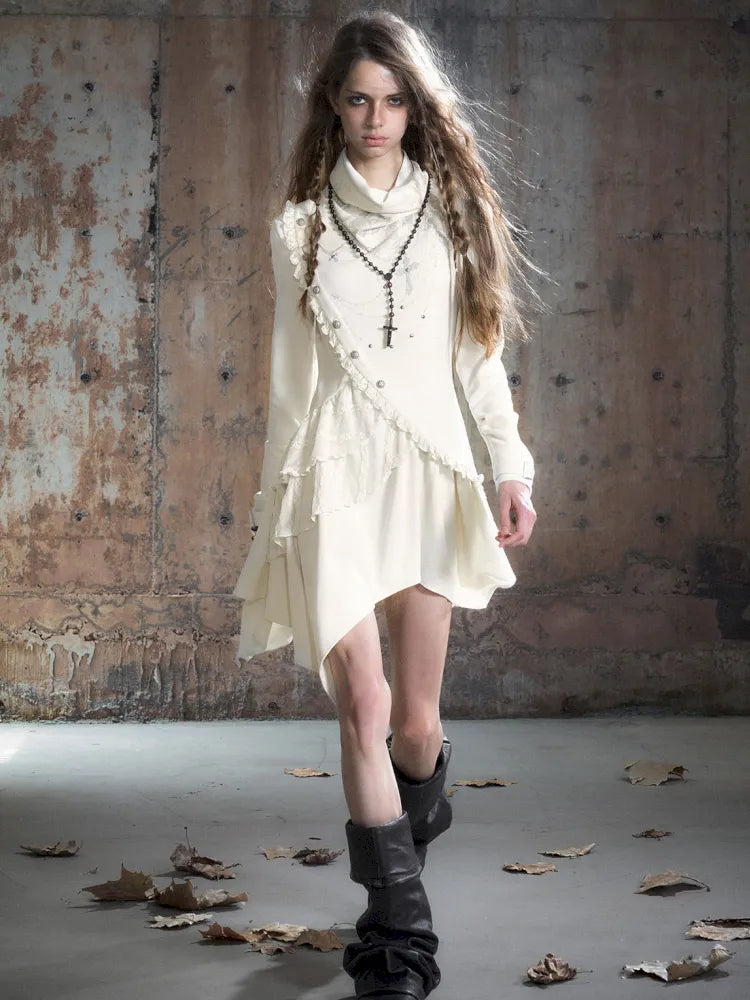 Asymmetric Collar Long-Sleeve Dress【s0000013960】