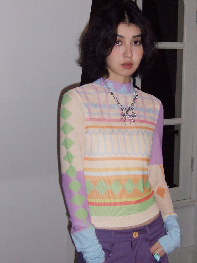 Geometric Print Skin Long Sleeve Tee【s0000015458】