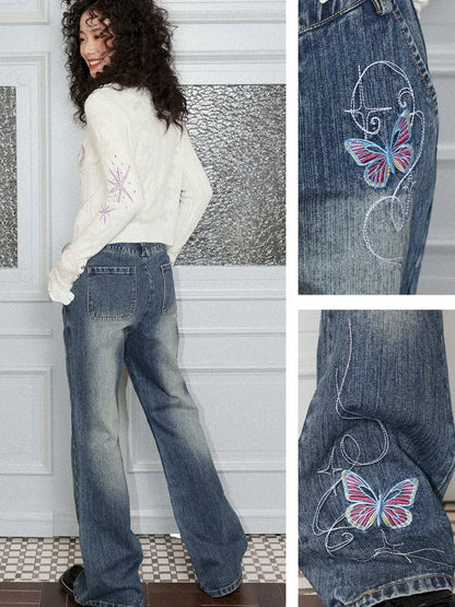 Butterfly Embroidered Slightly Flared Jeans【s0000013987】