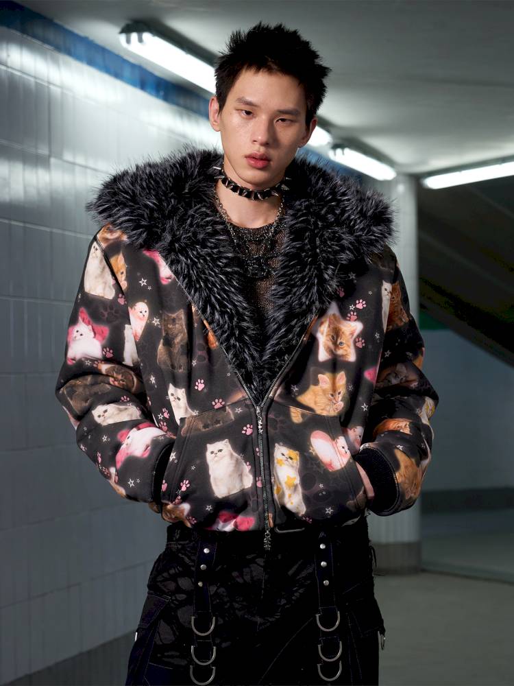 Cat Print Reversible Fleece Jacket【s0000014414】