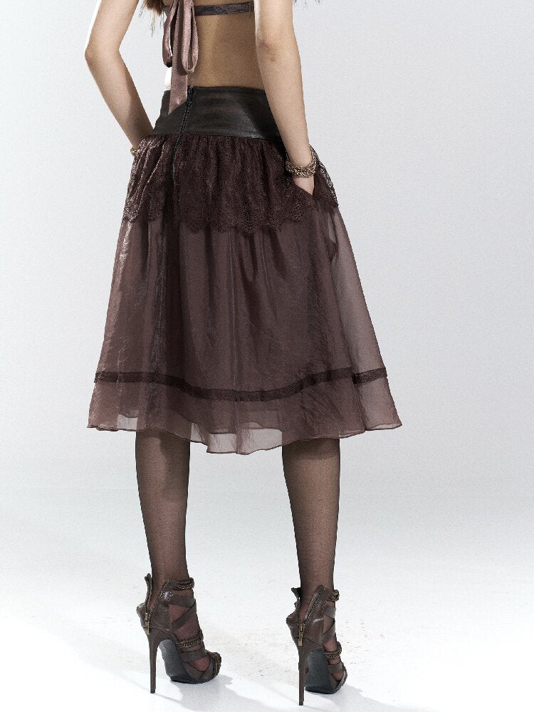 Vintage PU Leather Mesh Umbrella Skirt【s0000018474】
